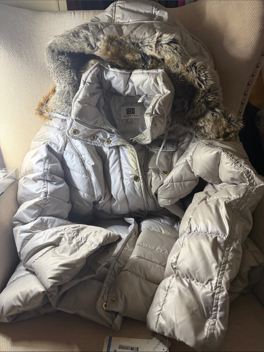 Laundry by Design Light Gray Quilted Hooded Puffer with Faux Fur Trim